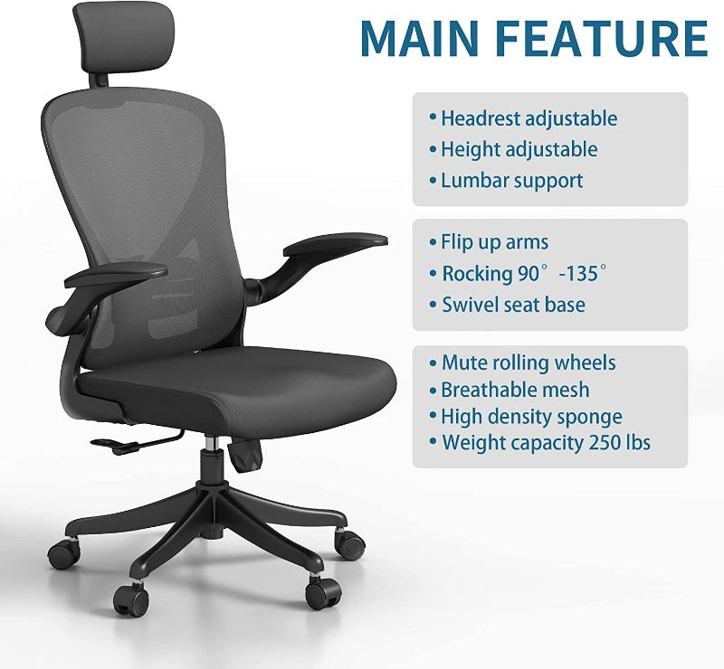 Photo 3 of ALLLUCK Ergonomic Office Chair Office Chair with Lumbar Support & Headrest & Flip Up Arms Black Mesh Home Desk Chair Height Adjustable Computer Chair Swivel 360° Rockable Study Chair