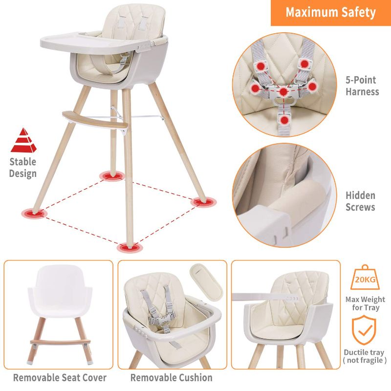 Photo 3 of 3-in-1 Convertible Wooden High Chair,Baby High Chair with Adjustable Legs & Dishwasher Safe Tray, Made of Sleek Hardwood & Premium Leatherette,Cream Color