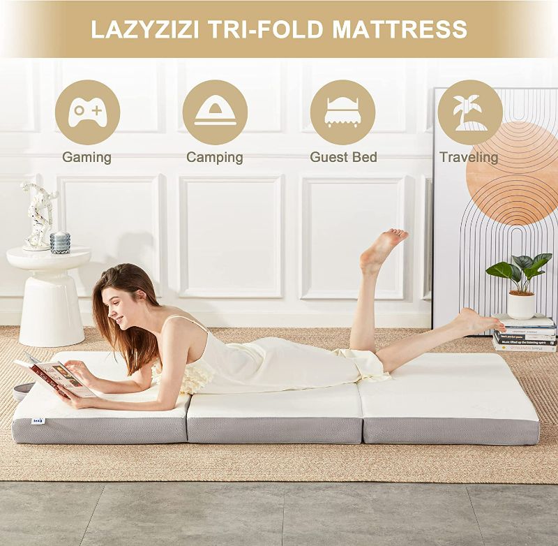 Photo 3 of Lazyzizi Folding Mattress, 4 Inch Memory Foam Tri-fold Mattress with Breathable & Washable Bamboo Fiber Fabric Cover, Foldable Floor Mattress Guest Bed for Camping, Road Trip, Twin