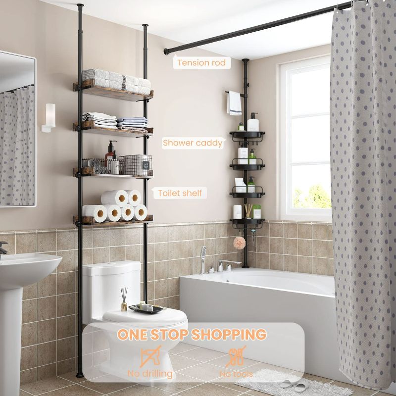 Photo 2 of ALLZONE Bathroom Organizer, Over The Toilet Storage, 4-Tier Adjustable Wood Shelves for Small Rooms, Saver Space Rack, 92 to 116 Inch Tall, Narrow Cabinet, Rustic Brown