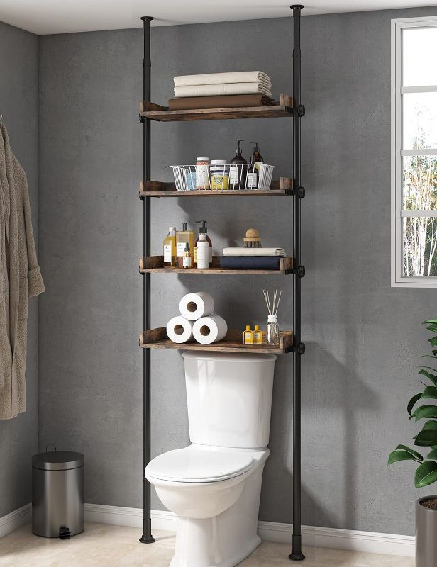 Photo 1 of ALLZONE Bathroom Organizer, Over The Toilet Storage, 4-Tier Adjustable Wood Shelves for Small Rooms, Saver Space Rack, 92 to 116 Inch Tall, Narrow Cabinet, Rustic Brown