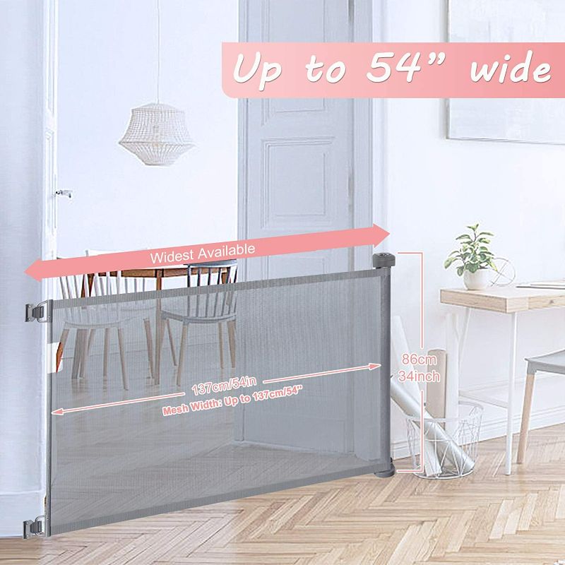Photo 2 of Babepai Retractable Baby Gate Door Grey, Extra Wide Baby Safety Gate and Pet Gate for Stairs, Doors, and More, Fabric Baby Gate Mesh Safety Gate 54" Wide Indoor/Outdoor, Grey