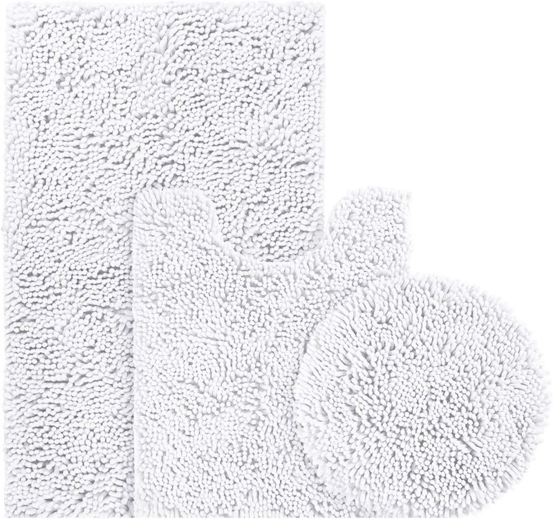 Photo 1 of White Bathroom Rugs Sets 4 Piece with Toilet Lid Cover Non Slip Extra Absorbent Shaggy Chenille Bathroom Rugs and Mats Sets, Soft & Dry Bath Rug Sets for Bathroom Carpets Set
