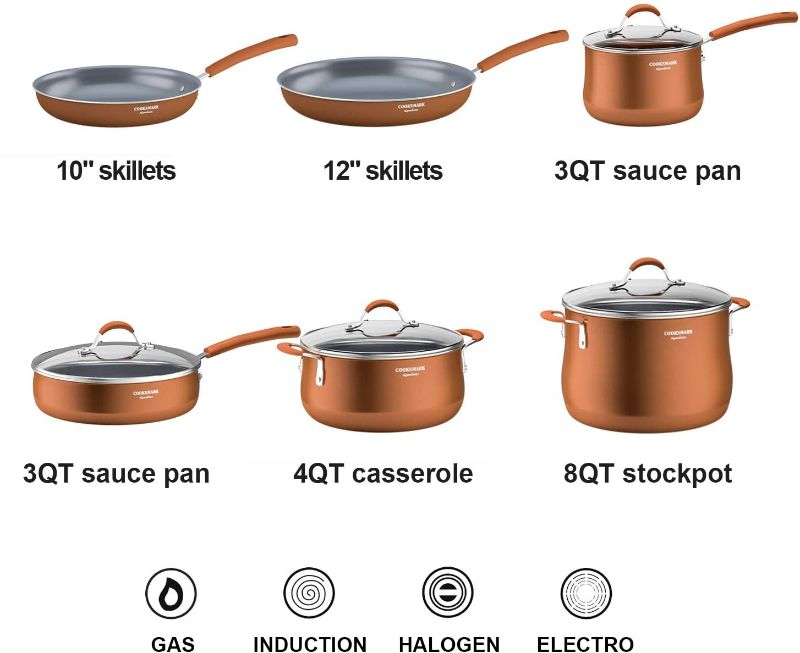 Photo 2 of cooper pan Signature 10-Piece Ceramic Nonstick Aluminum Cookware Set, Induction Compatible Pots and Pans Set, Dishwasher Safe Oven Safe PTFE PFOA Free-Copper
