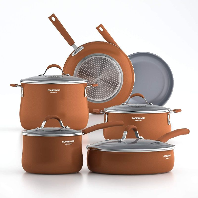 Photo 1 of cooper pan Signature 10-Piece Ceramic Nonstick Aluminum Cookware Set, Induction Compatible Pots and Pans Set, Dishwasher Safe Oven Safe PTFE PFOA Free-Copper
