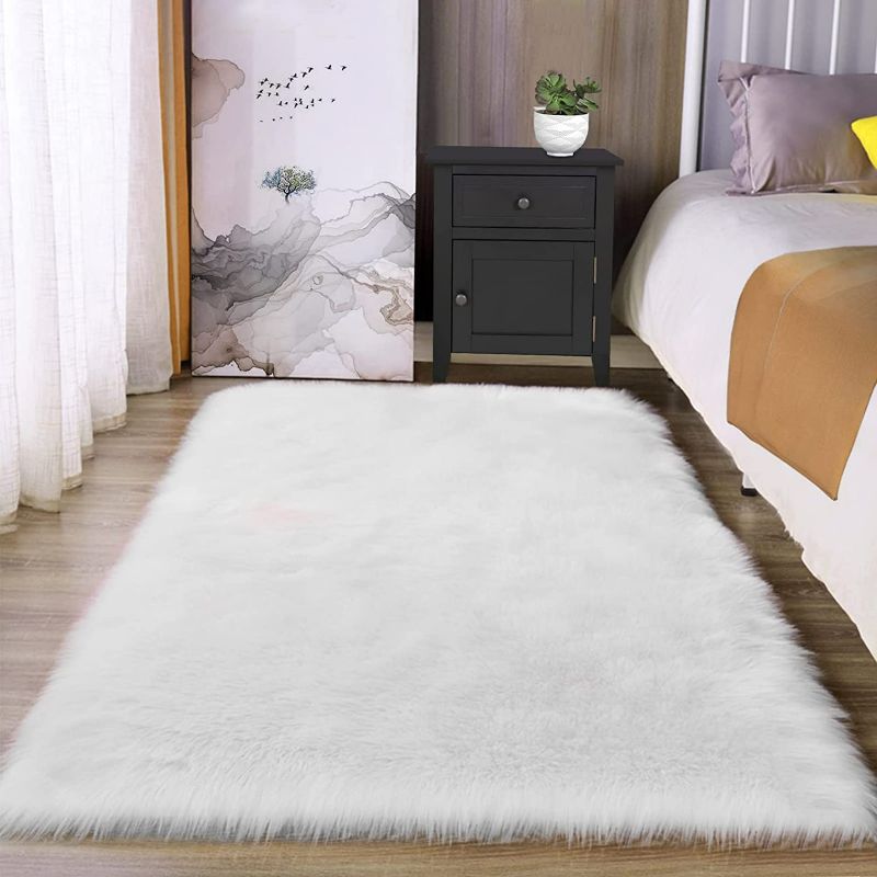 Photo 1 of Serene Silky Faux Fur Fluffy Shag Rug Snow White 