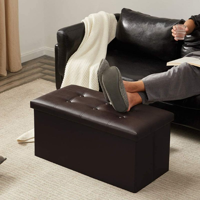 Photo 3 of 30 inches Folding Storage Ottoman, 80L Storage Bench for Bedroom and Hallway, Faux Leather Brown Footrest with Foam Padded Seat,