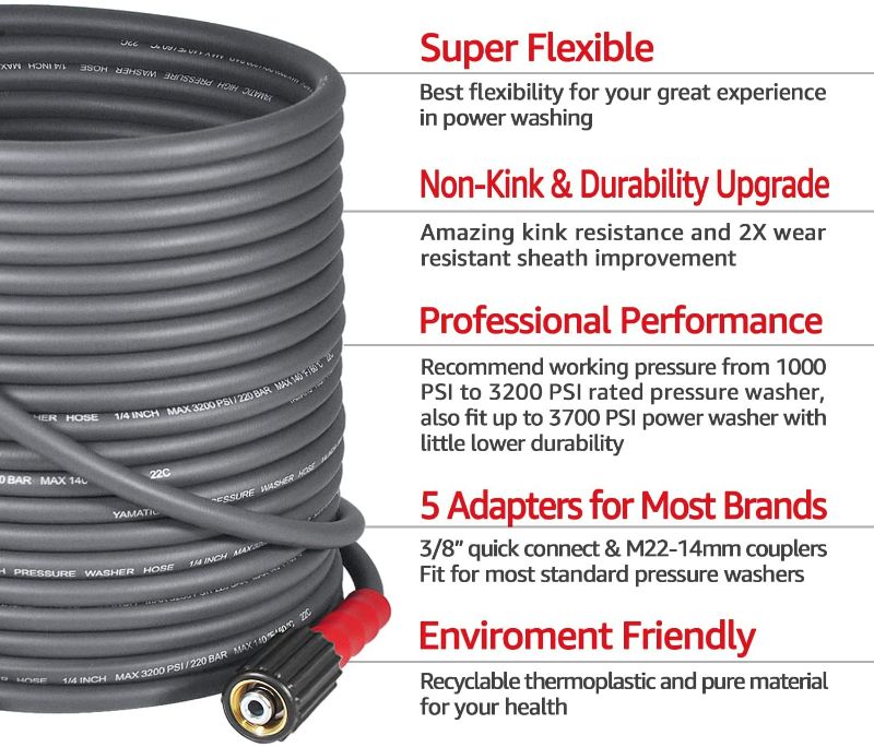 Photo 2 of YAMATIC Top Flexible Pressure Washer Hose 50FT X 1/4", Kink Resistant Real 3200 PSI Heavy Duty Power Washer Extension Replacement Hose With M22-14mm x 3/8" Quick Connect Kit For Gas & Electric, Grey
