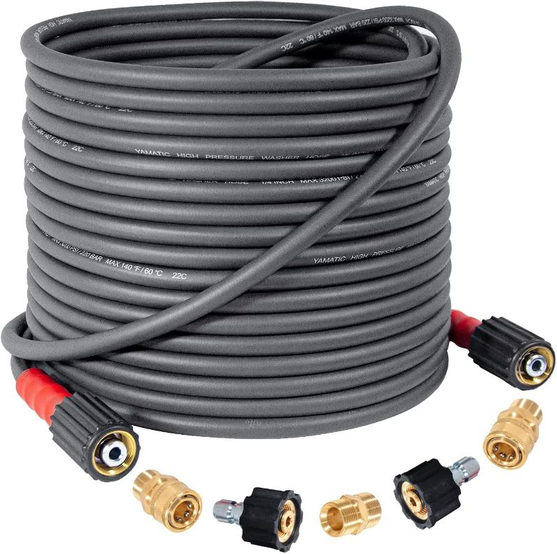 Photo 1 of YAMATIC Top Flexible Pressure Washer Hose 50FT X 1/4", Kink Resistant Real 3200 PSI Heavy Duty Power Washer Extension Replacement Hose With M22-14mm x 3/8" Quick Connect Kit For Gas & Electric, Grey
