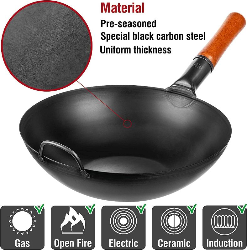Photo 4 of YOSUKATA Carbon Steel Wok Pan – 13,5 “ Woks and Stir Fry Pans - Chinese Wok with Flat Bottom Pow Wok - Traditional Chinese Japanese Woks - Black Steel Wok

