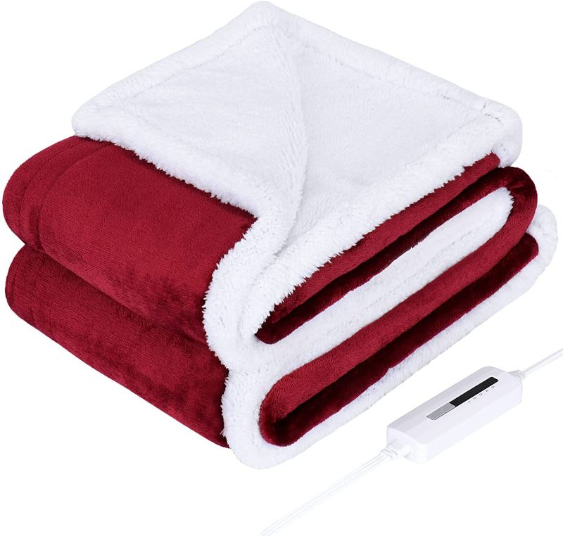 Photo 2 of Heated Throw Electric Blanket, 5 Heating Levels & 3 Hours Auto Shutdown, Heating Blanket Super Soft Flannel with Sherpa, ETL Certified Overheating Protection, Machine Washable - Red

