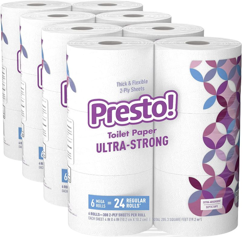 Photo 1 of Amazon Brand - Presto! 308-Sheet Mega Roll Toilet Paper, Ultra-Strong, 6 Count (Pack of 4), 24 Count = 96 Regular Rolls
