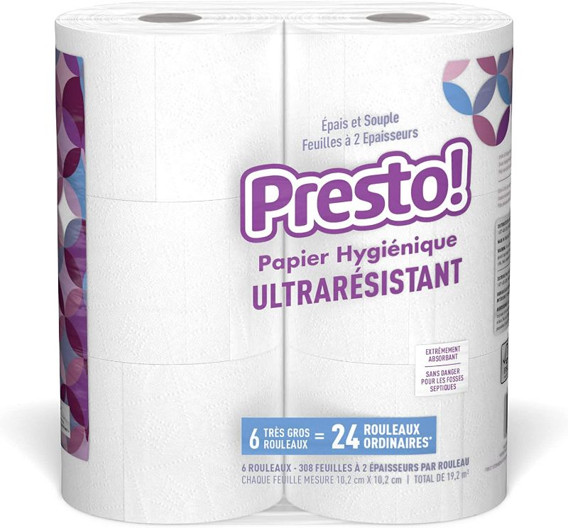 Photo 3 of Amazon Brand - Presto! 308-Sheet Mega Roll Toilet Paper, Ultra-Strong, 6 Count (Pack of 4), 24 Count = 96 Regular Rolls
