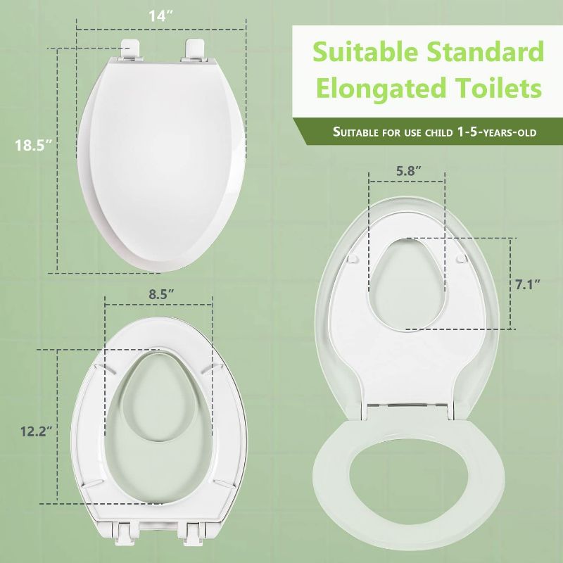 Photo 3 of WSSROGY Elongated Toilet Seat with Built in Potty Training Seat, Magnetic Kids Seat and Cover, Slow Close, Fits both Adult and Child, Plastic, White
