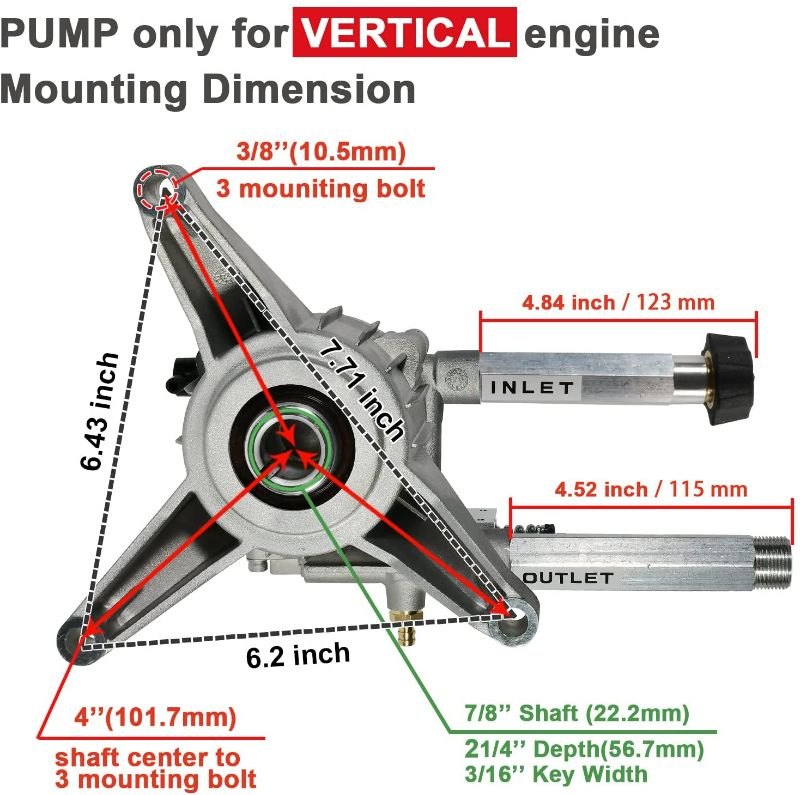 Photo 3 of YAMATIC 7/8" Shaft Vertical Pressure Washer Pump, 2600-3000 PSI @2.5 GPM OEM & Replacement Pump for Power Washer, Replacement with Troybilt, Briggs&Stratton, Craftsman, AR, Honda Front Inlet/Outlet
