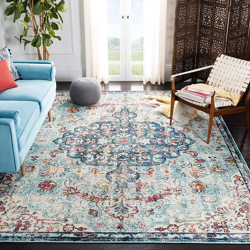 Photo 1 of SAFAVIEH Madison Collection 9' x 12' Navy/Light Blue MAD447K Boho Chic Medallion Distressed Non-Shedding Living Room Bedroom Dining Home Office Area Rug
