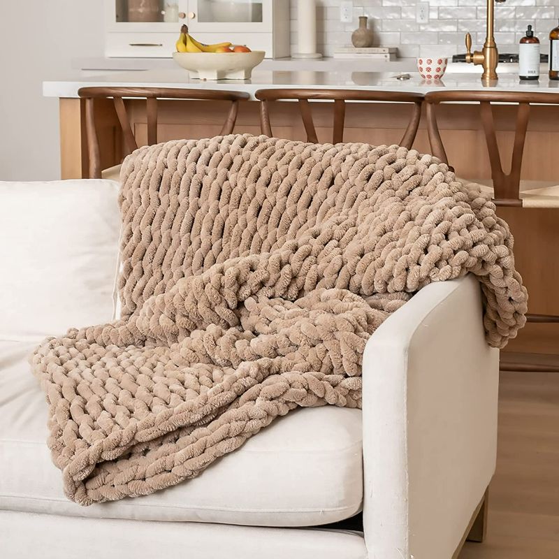 Photo 1 of Chunky Knit Blanket Sandstone, Light Brown Luxury Chenille Blanket for Farmhouse Decor; 