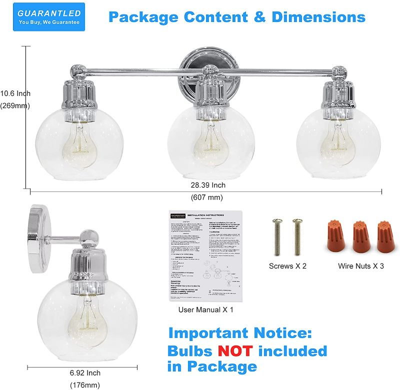 Photo 4 of GUARANTLED 3 Light Bathroom Vanity Light Chrome Farmhouse Light Fixtures for Powder Room Wall Sconce with Globe Glass Shade Modern Style for Single Vanity or Double Vanities-Bulbs Not Included Chrome 3LT