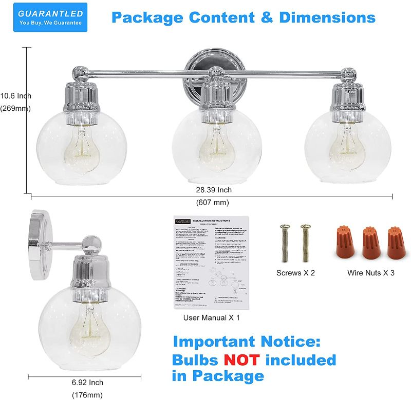 Photo 1 of GUARANTLED 3 Light Bathroom Vanity Light Chrome Farmhouse Light Fixtures for Powder Room Wall Sconce with Globe Glass Shade Modern Style for Single Vanity or Double Vanities-Bulbs Not Included Chrome 3LT