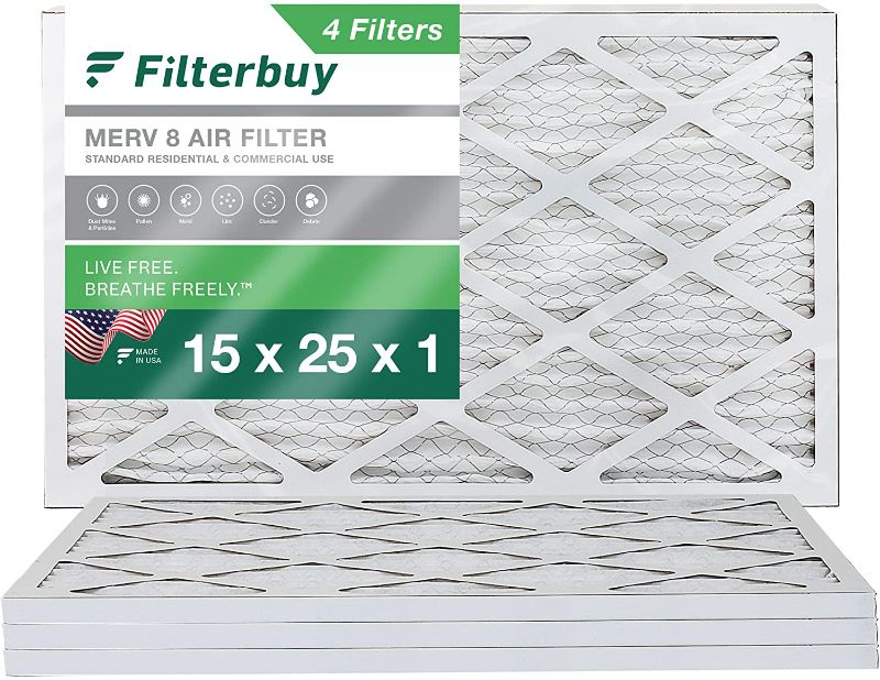 Photo 1 of Filterbuy 15x25x1 Air Filter MERV 8 Dust Defense (4-Pack), Pleated HVAC AC Furnace Air Filters Replacement (Actual Size: 14.50 x 24.50 x 0.75 Inches)
