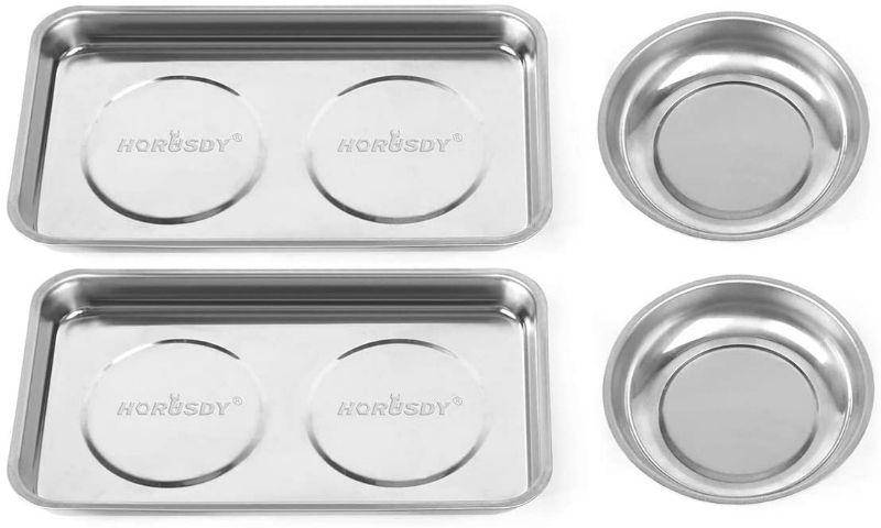 Photo 1 of HORUSDY 4-Piece Large Magnetic Parts Tray Set, Stainless Steel Heavy Duty 9.5"W x 5.5''L Square and 4.5" Round Magnetic Trays Tools Parts Tray