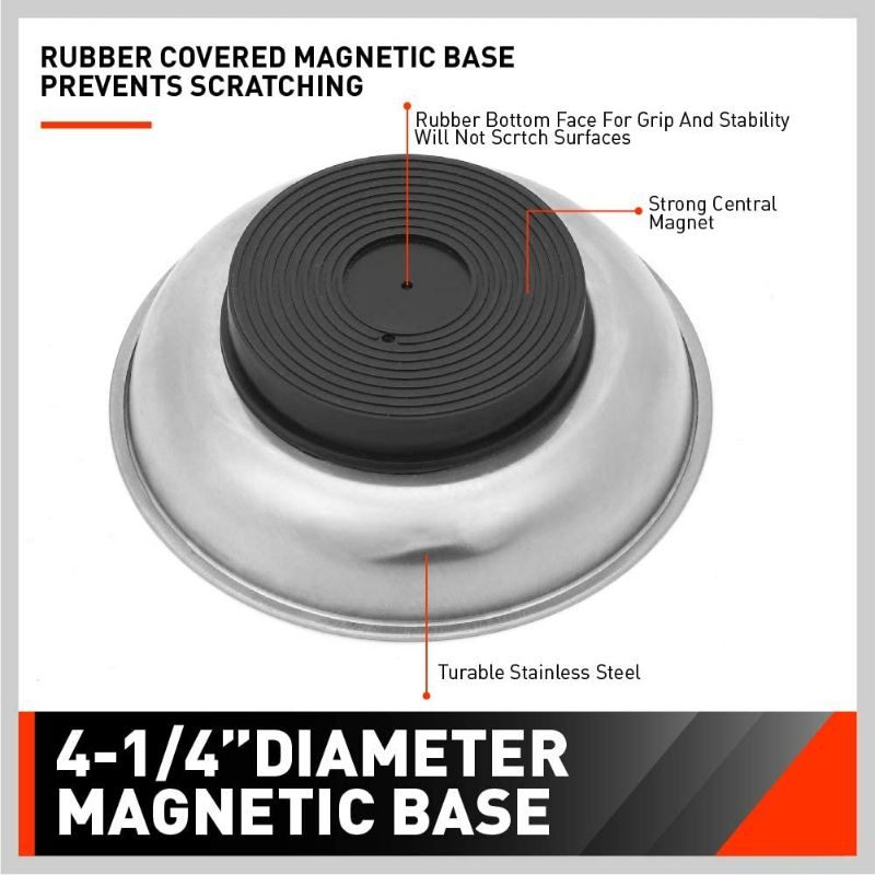 Photo 3 of HORUSDY 4-Piece Large Magnetic Parts Tray Set, Stainless Steel Heavy Duty 9.5"W x 5.5''L Square and 4.5" Round Magnetic Trays Tools Parts Tray