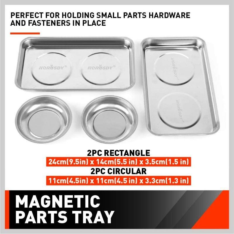 Photo 2 of HORUSDY 4-Piece Large Magnetic Parts Tray Set, Stainless Steel Heavy Duty 9.5"W x 5.5''L Square and 4.5" Round Magnetic Trays Tools Parts Tray