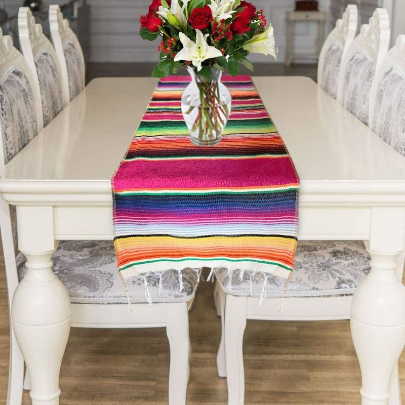 Photo 1 of Fowecelt Mexican Serape Table Runner 14 x 84 Inch for Mexican Party Wedding Decorations Outdoor Picnics Dining Table, Fringe Cotton Table Runners