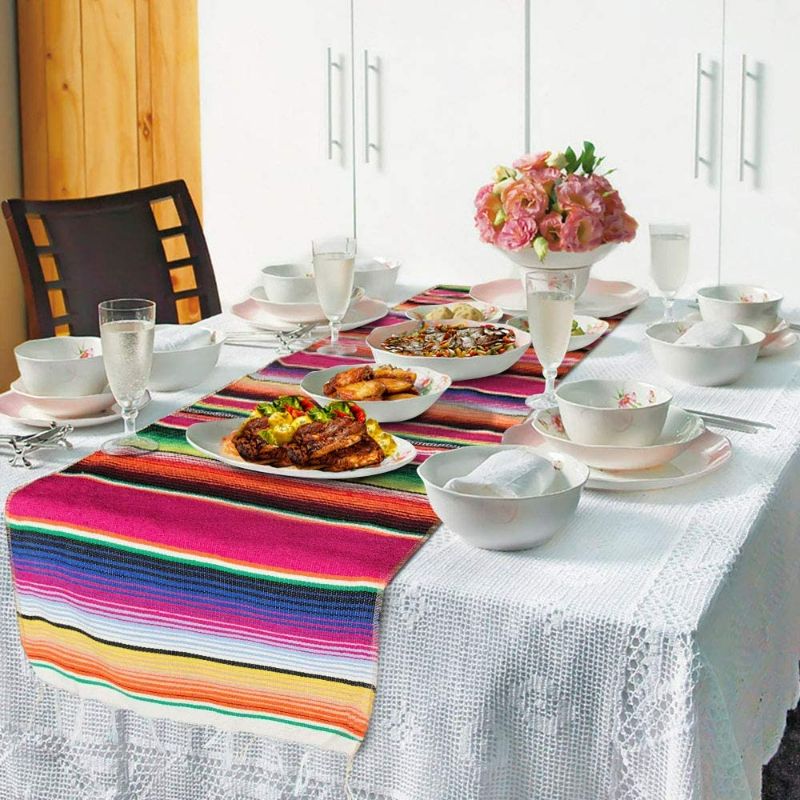 Photo 3 of Fowecelt Mexican Serape Table Runner 14 x 84 Inch for Mexican Party Wedding Decorations Outdoor Picnics Dining Table, Fringe Cotton Table Runners