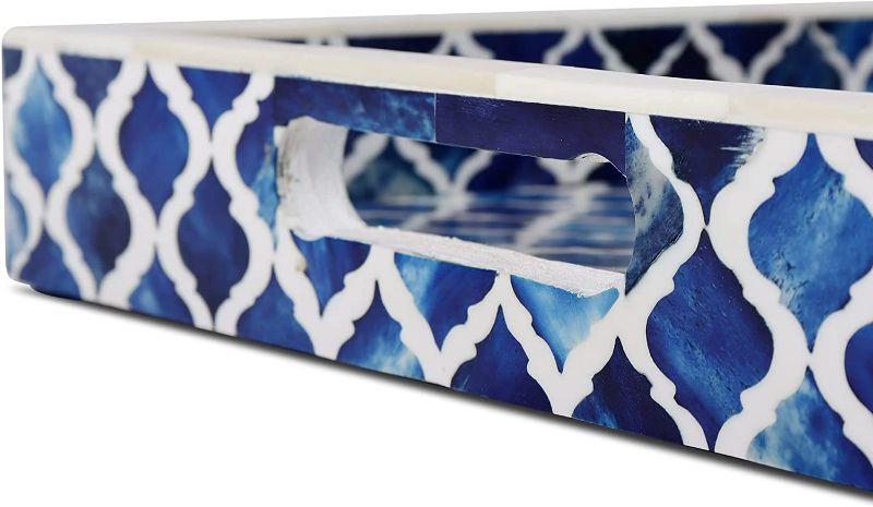 Photo 4 of Handicrafts Home Moorish Moroccan Pattern Inspired Trays Ideal Ottoman Tray Multipurpose Bone Inlay Serving Tray or Simply Use as a Decorative Trays 11x17 Inches, Blue White