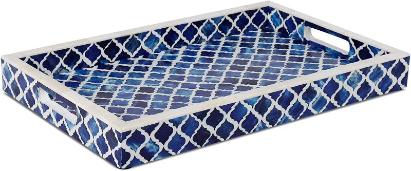 Photo 1 of Handicrafts Home Moorish Moroccan Pattern Inspired Trays Ideal Ottoman Tray Multipurpose Bone Inlay Serving Tray or Simply Use as a Decorative Trays 11x17 Inches, Blue White