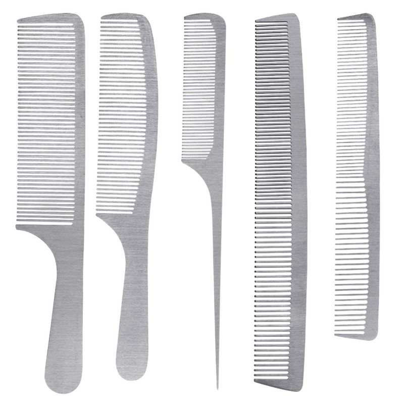 Photo 2 of 5 Pieces Stainless Steel Hair Combs Akamino Metal Combs Set Silver Fine Cutting Comb Rat Tail Comb Teasing Pintail Barber Comb for Men & Women Hair Styling Grooming Detangler & Cutting