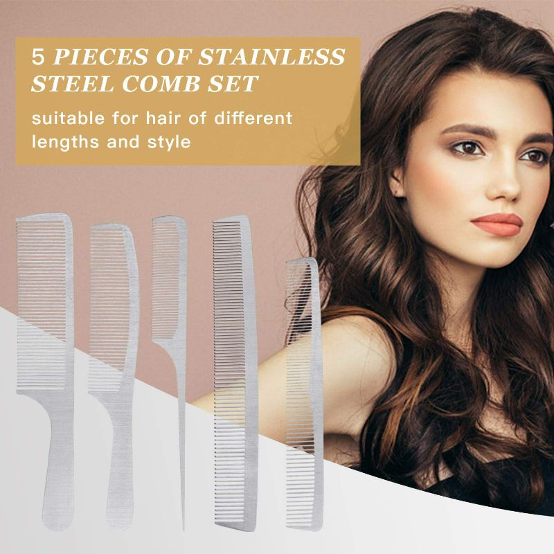 Photo 1 of 5 Pieces Stainless Steel Hair Combs Akamino Metal Combs Set Silver Fine Cutting Comb Rat Tail Comb Teasing Pintail Barber Comb for Men & Women Hair Styling Grooming Detangler & Cutting