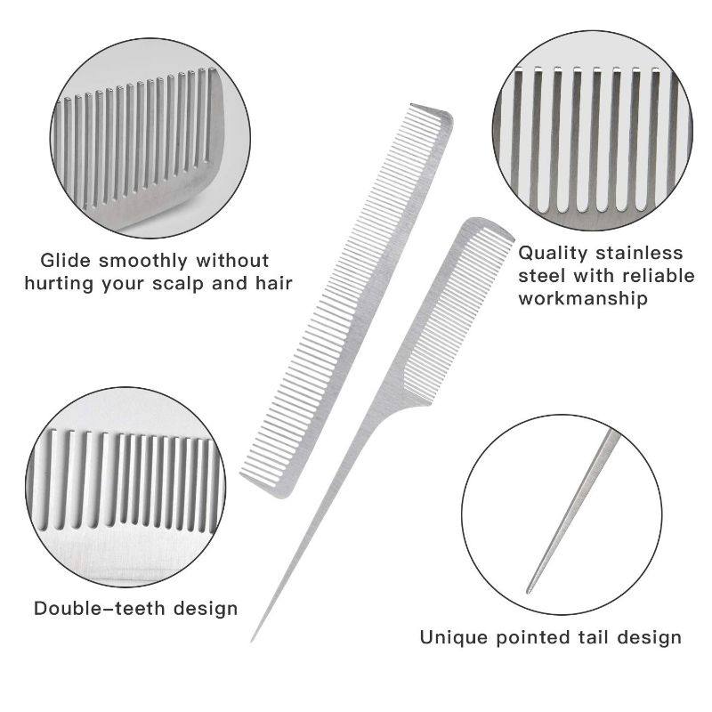 Photo 4 of 5 Pieces Stainless Steel Hair Combs Akamino Metal Combs Set Silver Fine Cutting Comb Rat Tail Comb Teasing Pintail Barber Comb for Men & Women Hair Styling Grooming Detangler & Cutting