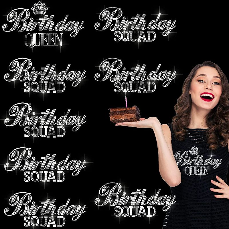 Photo 2 of 4 Pieces Birthday Queen Squad Iron on Transfers Rhinestone Heat Transfer Decal Bling Patch DIY Birthday Party Iron On Stickers for Women Girls Tank Top T-Shirts Hat Jacket Accessories Decoration