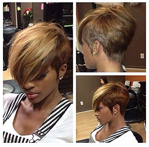 Photo 1 of BeiSD Short Pixie Cut Wigs with Bangs Mixed Blonde Brown Short Wig Synthetic Wigs for Black Women Mixed Blonde Short Hairstyles for Women