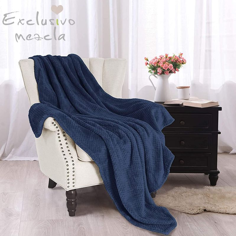Photo 2 of Exclusivo Mezcla Waffle Textured Extra Large Fleece Blanket, Super Soft and Warm Throw Blanket for Couch, Sofa and Bed (Navy Blue, 50x70 inches)-Cozy, Fuzzy and Lightweight