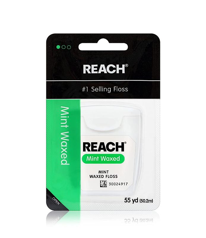 Photo 1 of Reach Waxed Dental Floss | Effective Plaque Removal, Extra Wide Cleaning Surface | Shred Resistance & Tension, Slides Smoothly & Easily , PFAS FREE | Mint Flavored, 55 Yards, 1 Pack