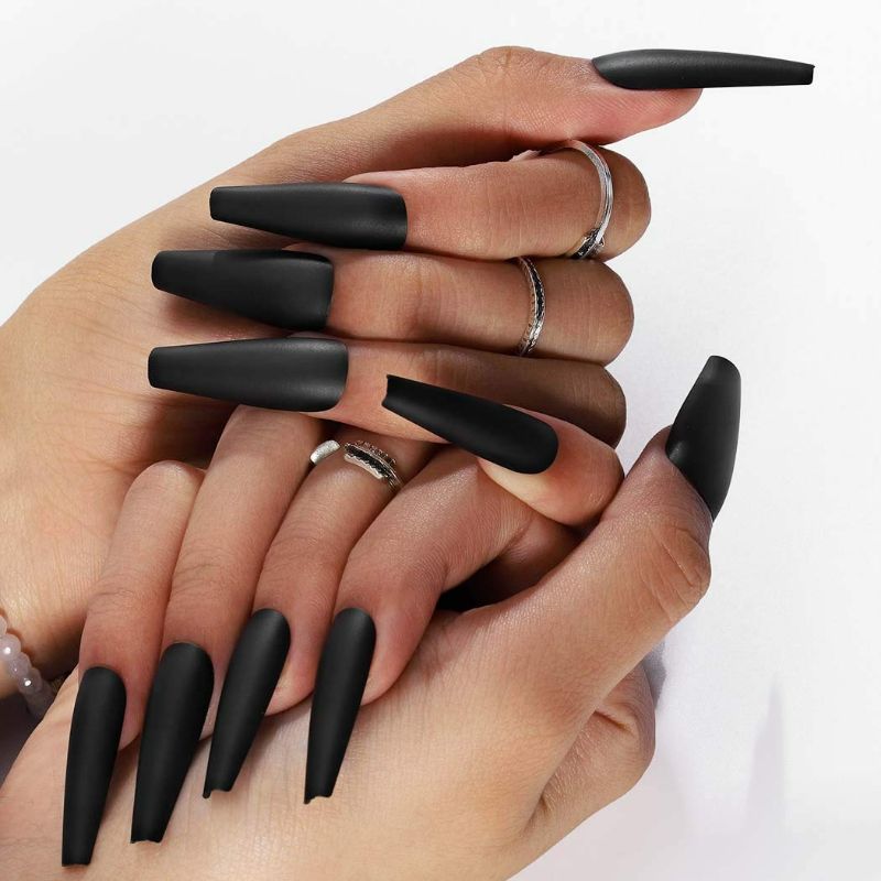 Photo 5 of Outyua Black Super Long Matte Press on Nails Coffin Ballerina Fake Nails Designer Acrylic Extra Long False Nails Artificial Full Cover Nails Tips for Women and Girls 24Pcs (Black)