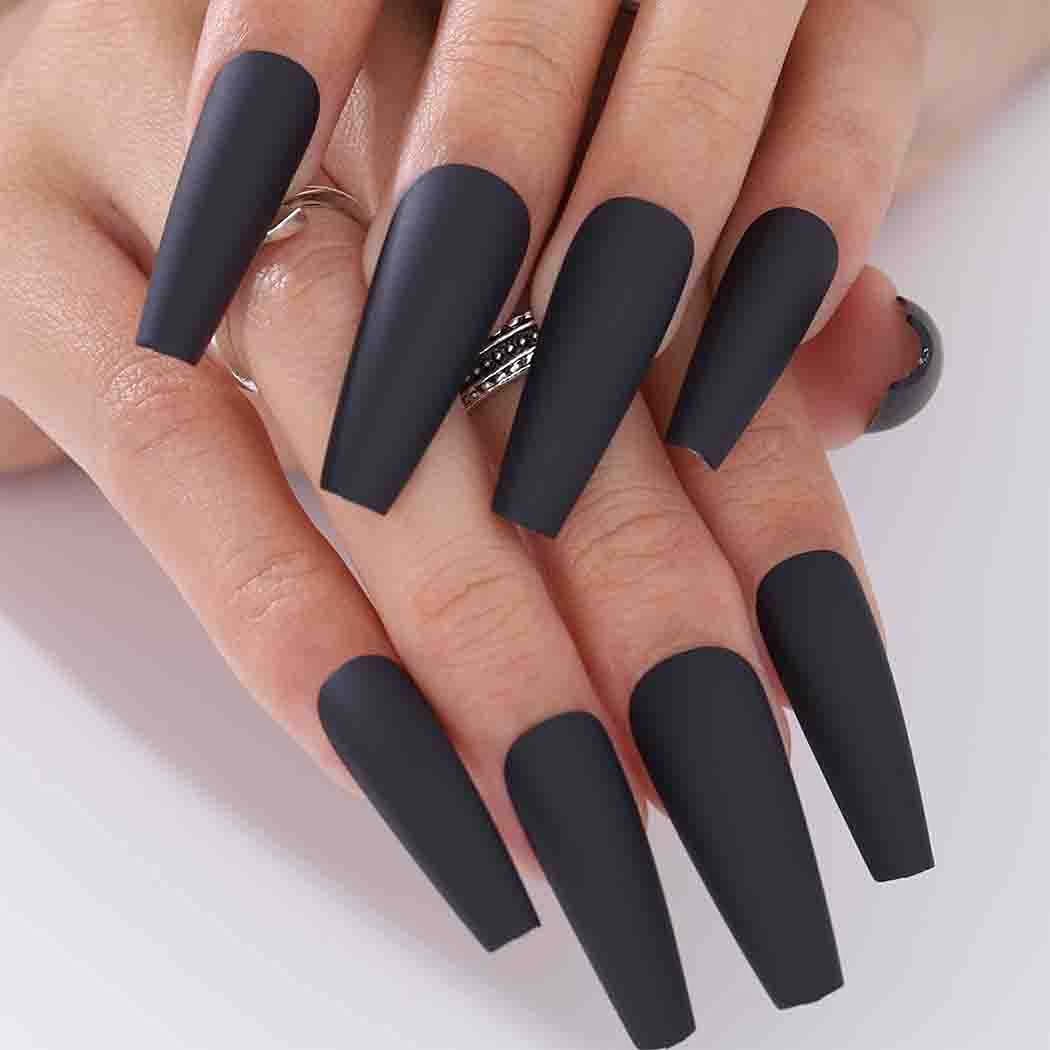 Photo 1 of Outyua Black Super Long Matte Press on Nails Coffin Ballerina Fake Nails Designer Acrylic Extra Long False Nails Artificial Full Cover Nails Tips for Women and Girls 24Pcs (Black)