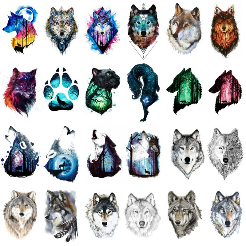 Photo 2 of 24 Sheets Wolf Temporary Tattoo Sticker Women Men Animal Tattoos Body Art Waterproof Hand Fake Sticker (W24-01)