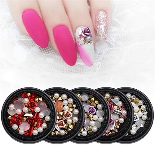 Photo 3 of 1 Box Nail Art Decorations Mixed 3D Rhinestones Beads Metal Flowers Pearl Beads for DIY Design Manicure (Champagne)