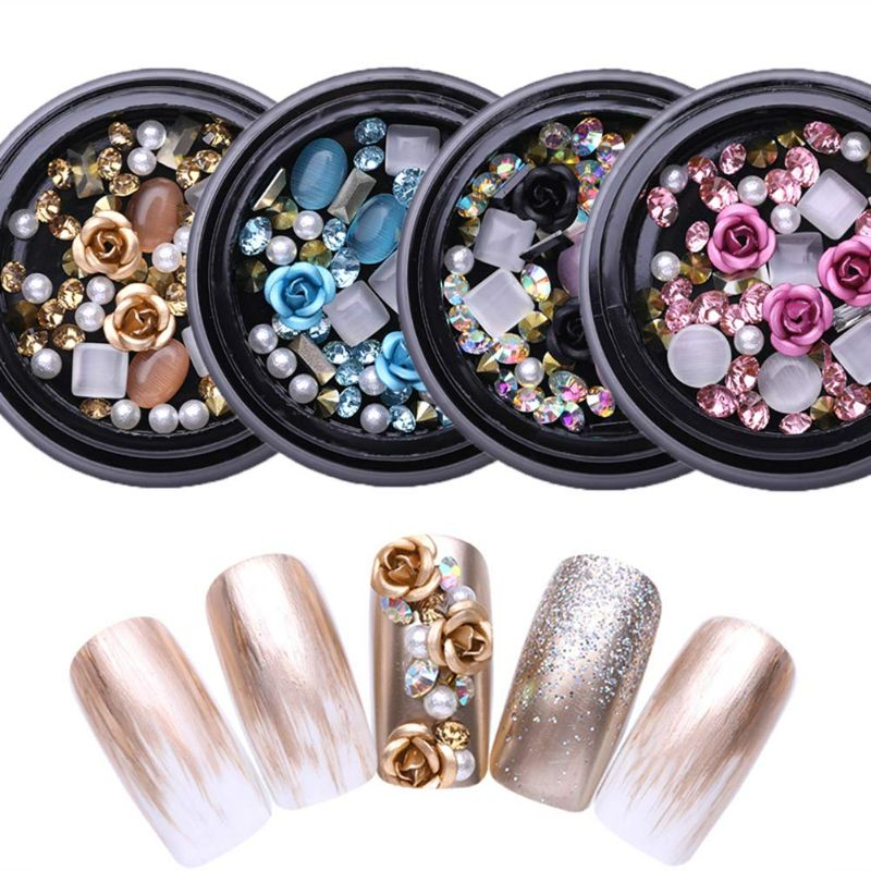 Photo 2 of 1 Box Nail Art Decorations Mixed 3D Rhinestones Beads Metal Flowers Pearl Beads for DIY Design Manicure (Champagne)