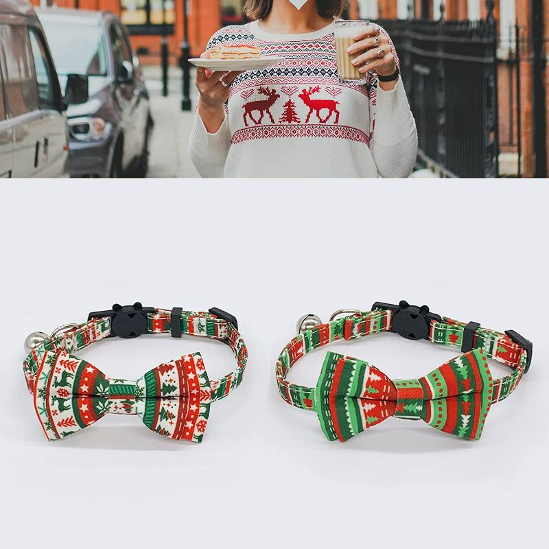 Photo 1 of 2 Pack Cat Christmas Collars Breakaway with Bell & Pendant, Xmas Bowtie Cat Safety Collars for Kitten