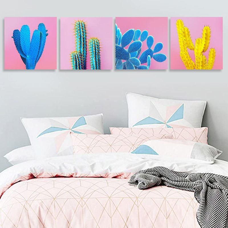 Photo 1 of Cactus Wall Art Succulent Wall Decor Pink Bathroom Mexican Decor Pop Art Boho Colorful Home Decor Desert Plant Canvas Pictures Modern Artwork for Bedroom Living Room Kitchen Decorations 12x12” 4 Pcs