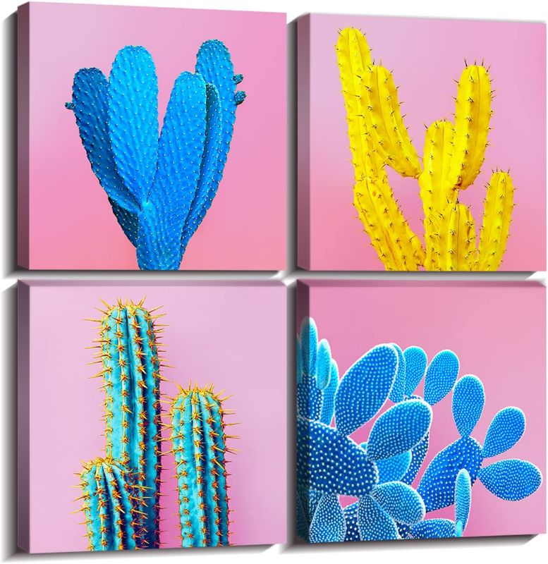 Photo 2 of Cactus Wall Art Succulent Wall Decor Pink Bathroom Mexican Decor Pop Art Boho Colorful Home Decor Desert Plant Canvas Pictures Modern Artwork for Bedroom Living Room Kitchen Decorations 12x12” 4 Pcs