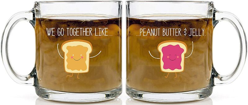 Photo 1 of Funnwear Peanut Butter & Jelly Coffee Glass 2 Mugs Perfect For Wedding, Bride, Engagement, Anniversary or Birthday for Couples Mr.Right and Mrs Always Right - 13oz Glass Tea Mug Set