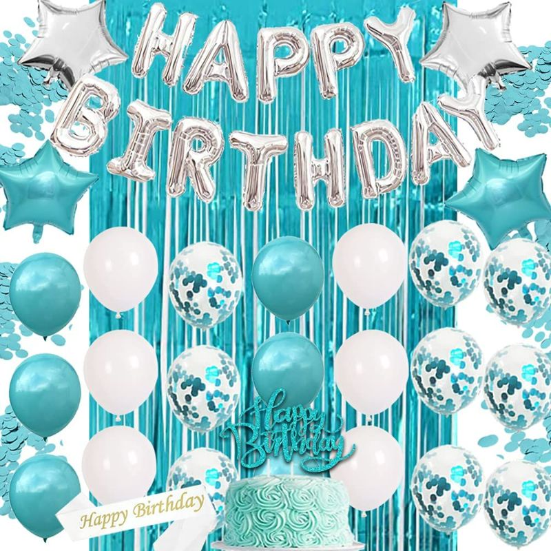 Photo 2 of Teal Blue Birthday Decorations for Women Girl - Teal Blue and Silver Birthday Balloons Kit,Turquoise Birthday Party Decoration