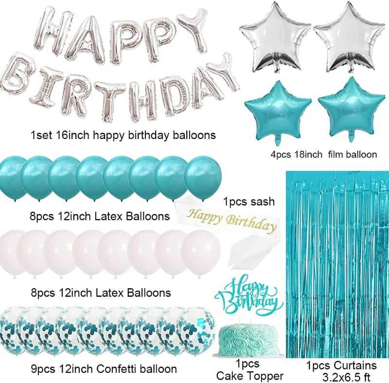 Photo 3 of Teal Blue Birthday Decorations for Women Girl - Teal Blue and Silver Birthday Balloons Kit,Turquoise Birthday Party Decoration