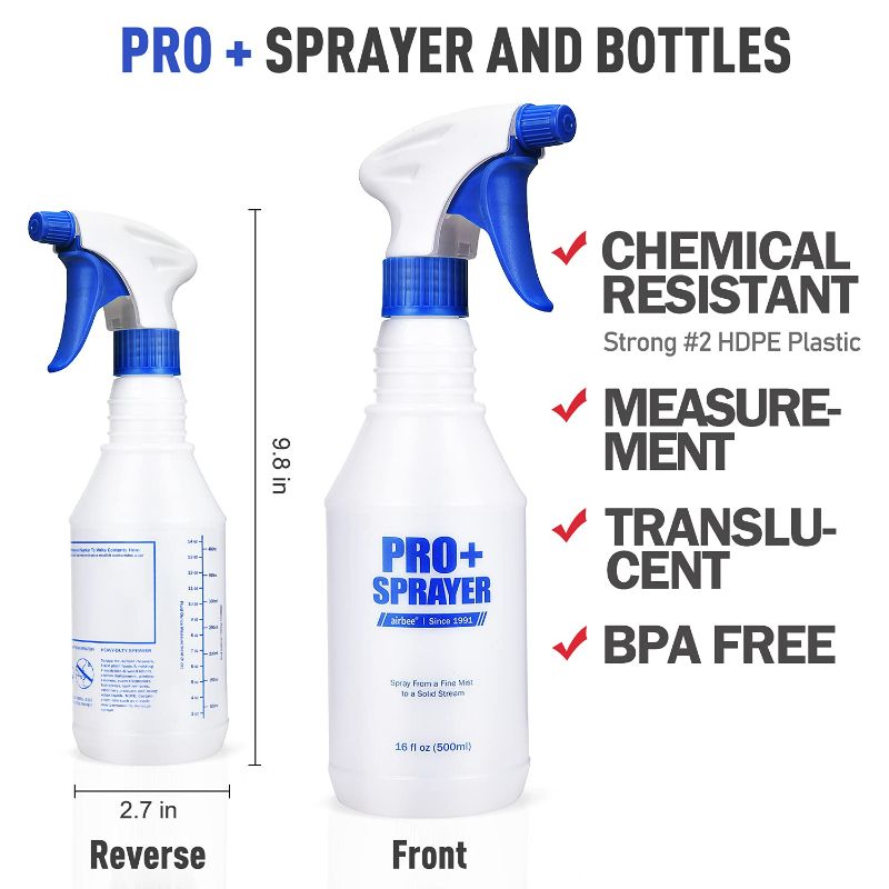 Photo 4 of airbee Plastic Spray Bottles 2 Pack 16 Oz for Cleaning Solutions, Planting, Pet, Bleach Spray, Vinegar, Professional Empty Spraying Bottle, Mist Water Sprayer with Adjustable Nozzle and Measurements